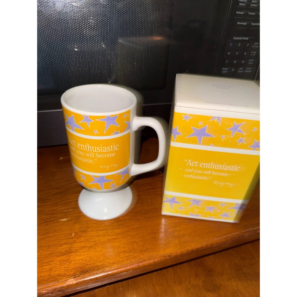 Mary Kay Act Enthusiastic Coffee Mug Purple Stars Footed Pedestal Cup with Box‎